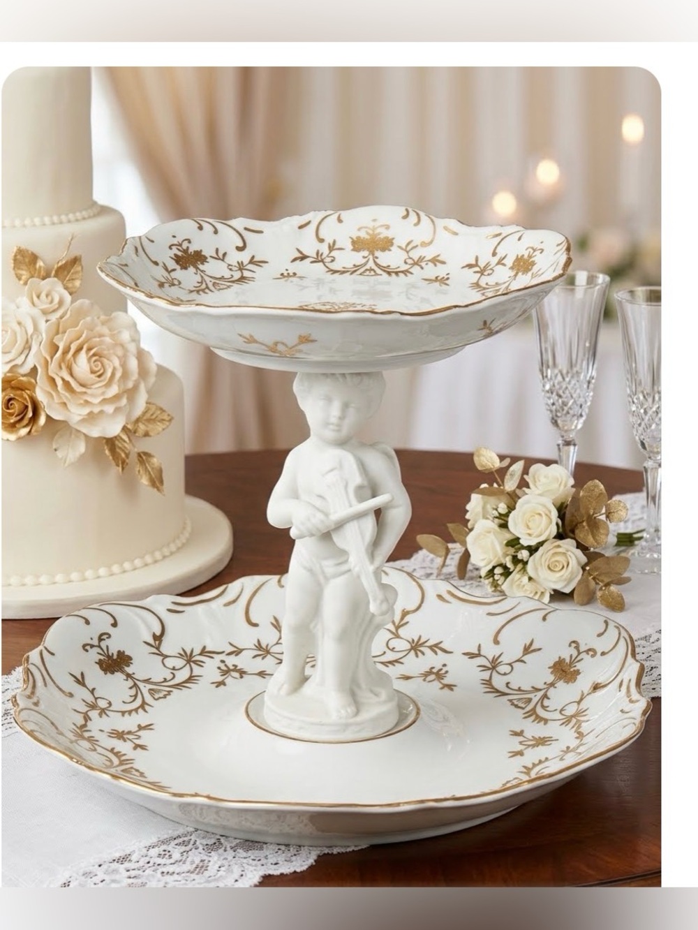 Antique ARDALT LENWILE Porcelain Cherub Figurine 2 Tier Compote 24K Gold Accents